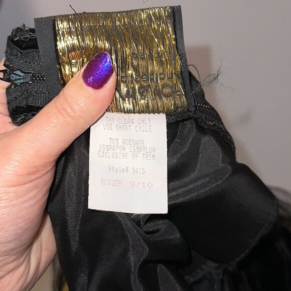 Vtg 80s Shamash Yofi Black Velvet Dress Puff Sleeves Gold Soutache Open Back 10 - Picture 5 of 6